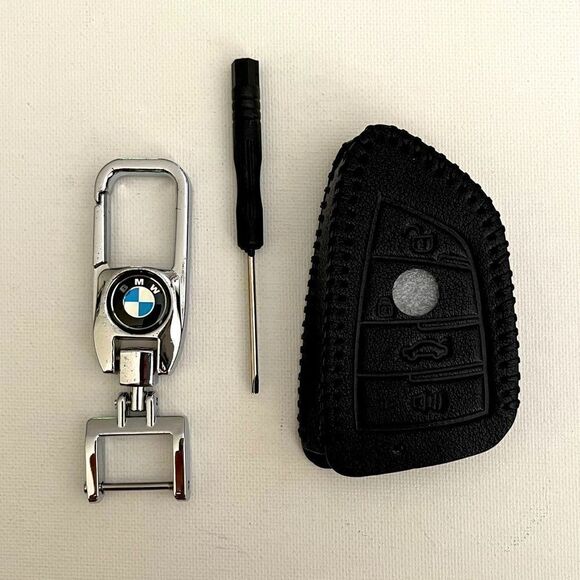 BMW Logo Key Fob Keychain in Silver & Fob Case Cover in Black Leather NWT - Picture 1 of 6
